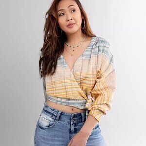 Free People Maldives Wrap Crop Top Blouse Shirt Blue Yellow Orange Womens XL